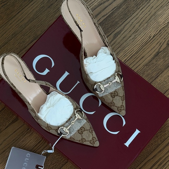 Gucci Shoes - Gucci Brown horse bit GG Canvas Slingback